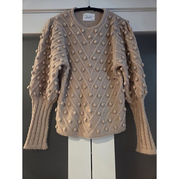 Chicwish Sweaters - Chicwish Bobble Knit Sweater Womens Beige Textured Pom Pom Balloon Sleeve